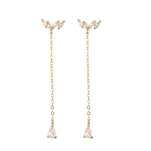 Gold geometric drop earrings with zircon tassel design on a clean white background