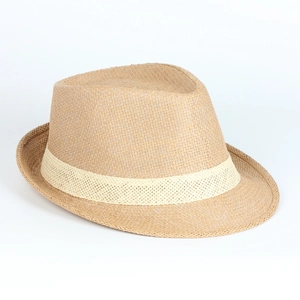 Classic straw fedora hat with cream ribbon band and woven texture in top view