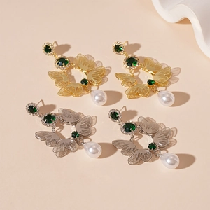 Vintage double layer butterfly earrings with green faceted gems and pearl tassels