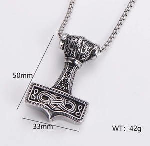 Detailed dimensions of Thor's hammer pendant 50x33mm with antique Viking knotwork