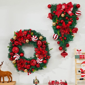 Classic Christmas wreath and swag set with red baubles and pine needles for home decor