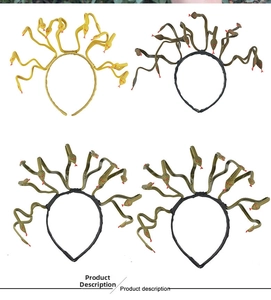 Detail of Medusa snake headbands in gold, black, and olive green for Halloween Cosplay