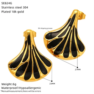 Detail showing 27x23mm fan-shaped 18k gold plated stainless steel earring with oil drip