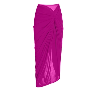 Detail of rose red ruffled skirt featuring high side slit and elegant knot waist design