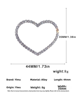 Detailed size specifications for heart-shaped rhinestone brooch in silver finish