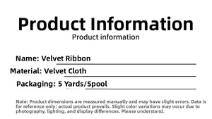 Detailed specifications of red velvet ribbon showing 5 yards per roll for DIY crafts