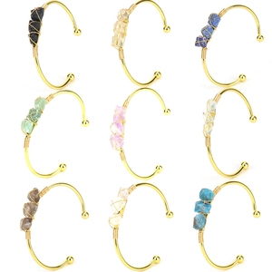 Handmade Natural Raw Stone Wire Wrapped Cuff Bangle Bracelet Adjustable Gold Plated Irregular Crystal Jewelry Women