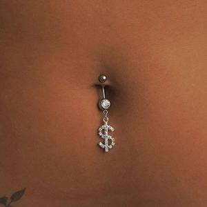 Silver stainless steel belly button ring with dollar sign pendant and crystal stones