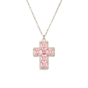 Silver cross necklace with pink square-cut gemstones and micro-pave crystals