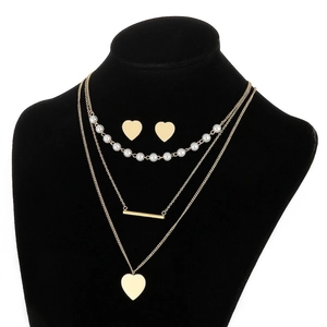 Stainless Steel Jewelry Necklace And Earrings Multi Layer Heart Pendant Faux Artificial Pearl Elegant Fashion For Women