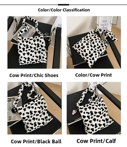 Cow pattern plush tote bag showing four different charm options for styling choices