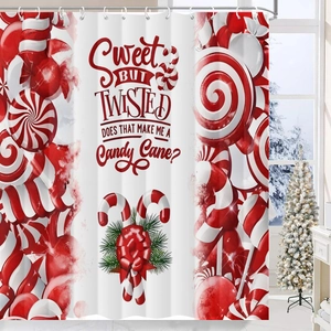 Close-up of waterproof polyester Christmas shower curtain with red candy cane patterns
