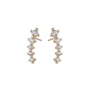 Elegant gold-plated stud earrings with minimalist curved zircon row on white background