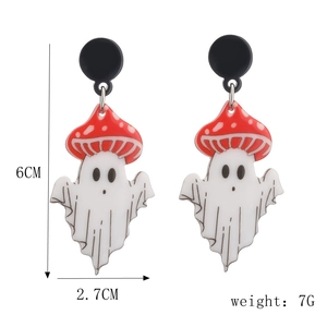 Detail shot of acrylic mushroom ghost earrings showing dimensions 6cm by 2.7cm and 7g weight