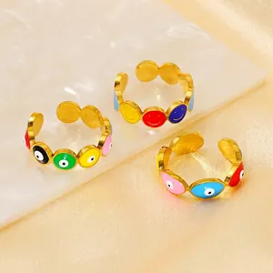 Evil Eye Smiley Face Ring Stainless Steel 18K Gold Plated Colorful Enamel Adjustable Opening Bohemian Jewelry For Women