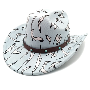 Detail of light blue cowboy hat with bird prints, leather band and turquoise accents