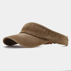 Side view of retro denim sun visor hat showing khaki texture and curved brim detail