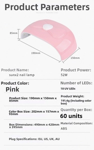 Pink bow-shaped 52W UV LED nail lamp with 18 beads and detailed technical specifications
