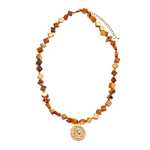 Retro brown faux shell bead necklace with a golden coin pendant and embossed portrait