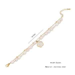 Detail view of double-layer stainless steel pearl bracelet with white flower charm