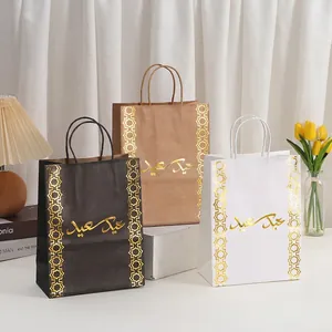 Eid Mubarak Gift Bags Gold Foil Stamping Arabic Calligraphy Islamic Ramadan Kareem Party Favor Kraft Paper Handbags