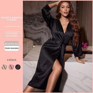 Women Satin Satin Robe V-Neck Long Sleeve Belted Bathrobe Sleepwear Nightgown Solid Color Elegant Loungewear