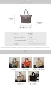 Detailed size specifications and multi-color options for quilted puffer tote bag
