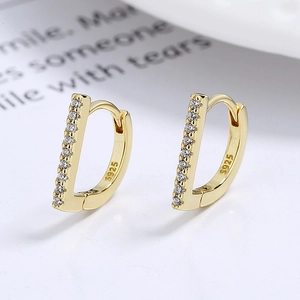 925 silver D-shaped gold earrings with paved white zircons and minimalist design