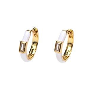 Minimalist gold hoop earrings with white enamel coating and rectangular zircon inlay