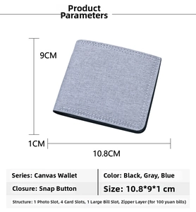 Gray canvas bifold wallet with snap closure and internal compartments showing dimensions