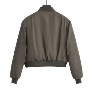 Back view of a cropped olive green bomber jacket with ribbed hem and sleeve pocket
