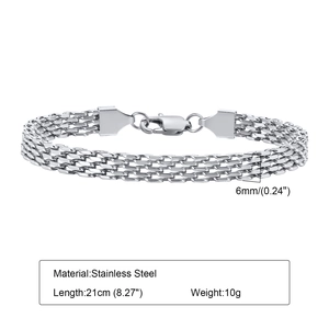 Detail of 6mm silver mesh stainless steel bracelet with lobster clasp and sizing specs