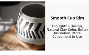 Detail of a ceramic mug with smooth rim and geometric patterns on a rustic clay base