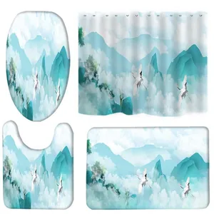 Detailansicht eines 4-teiligen Badezimmersets mit Berglandschaft und Kranichen