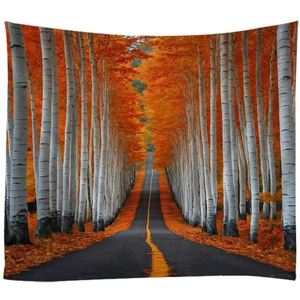 Scenic birch forest tapestry featuring an autumn road landscape for wall decoration