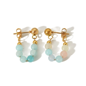 Détail de boucles d'oreilles perles dorées avec pierres bleu et rose pastel sur fond blanc