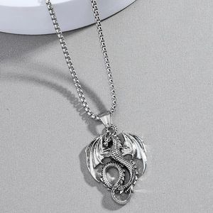 Vintage silver dragon pendant necklace with detailed scales on a premium box chain