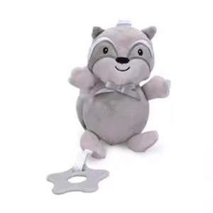 Plush gray raccoon baby teether pendant with star ring and ribbon for car seat or crib