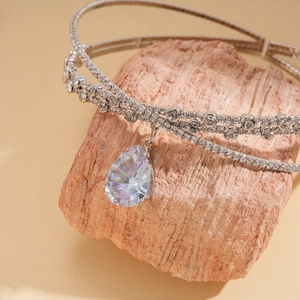 Double-layered zirconia choker necklace with a large pear-cut waterdrop pendant
