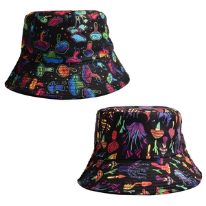 Black bucket hats with vibrant mushroom digital prints for outdoor sun protection