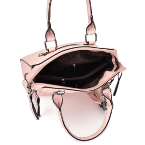 Top view of pink faux leather handbag showing interior compartments and lining
