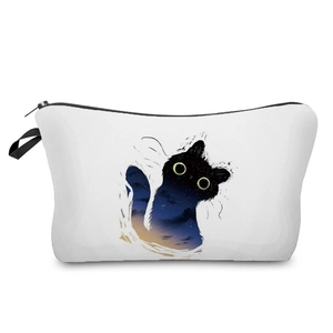 Pochette per cosmetici in tela bianca con stampa gatto nero galassia e stelle