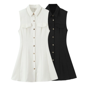 Women Sleeveless Shirt Mini Dress Polyester Crepe Button Down Lapel Collar Solid Color Pockets A-Line Elegant