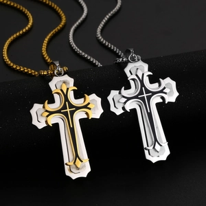 Colliers pendentifs croix pour hommes en acier inoxydable or-argent et noir-argent