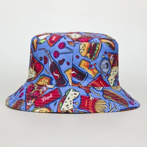 Close-up of light blue bucket hat featuring colorful cartoon fast food and dessert prints