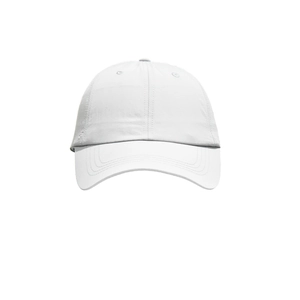 Detail of white breathable baseball cap showing six-panel stitching and vent holes