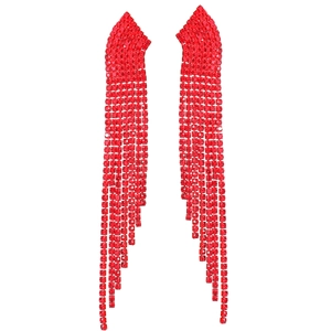 Elegant long red tassel earrings with sparkling rhinestones for formal party wear
