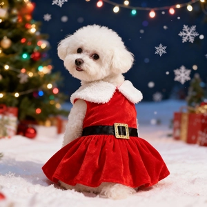 Classic red velvet Christmas dog dress with faux fur collar and black belt detail