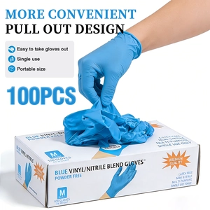 Blue disposable nitrile vinyl blend gloves in M size, 100 count powder free box