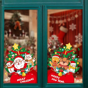 Adesivi natalizi per vetri con Babbo Natale, pupazzo di neve e renna su cornice verde